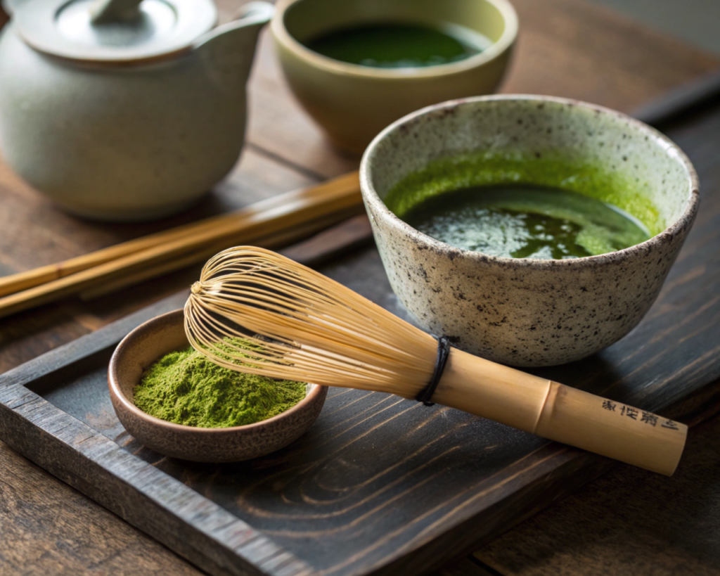 A close-up of a traditional Japanese tea set, including a bamboo whisk (chasen), matcha powder in a bowl (chawan), and iced matcha being prepared step by step. The background features a serene, wooden countertop with soft lighting.