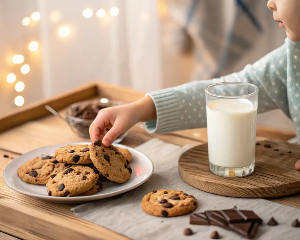 Child reaching for a high protein cookie beside a glass of milk