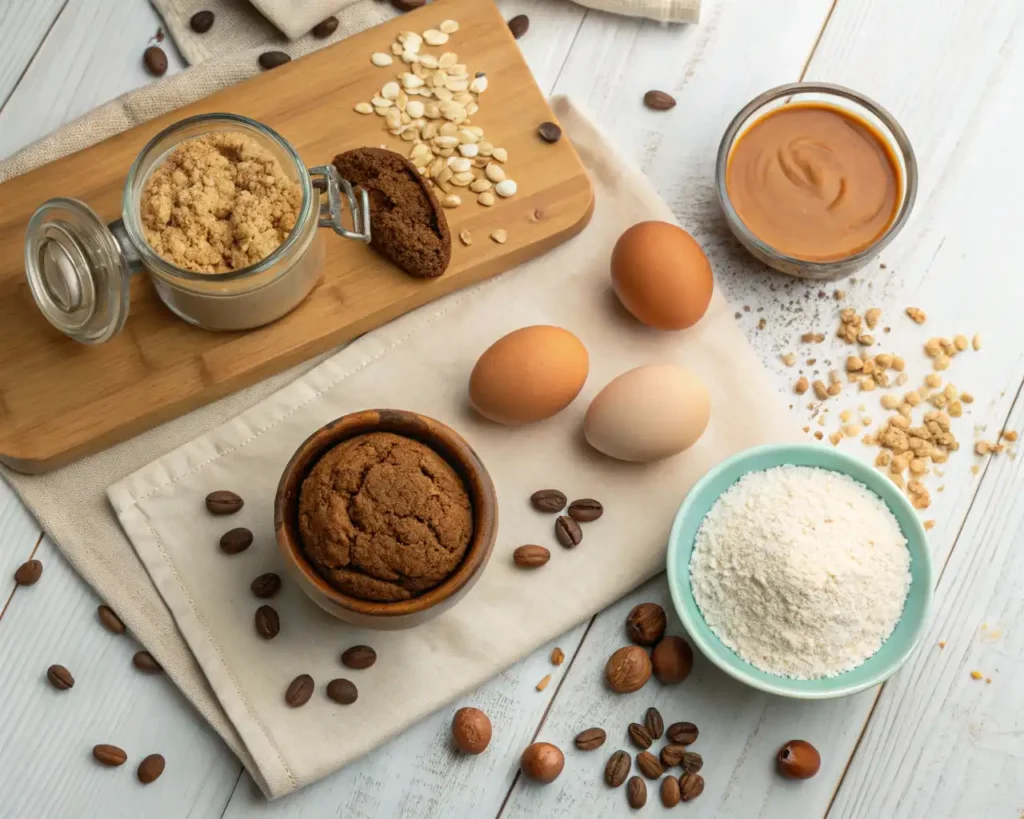 Ingredients for high protein cookies arranged on wooden table