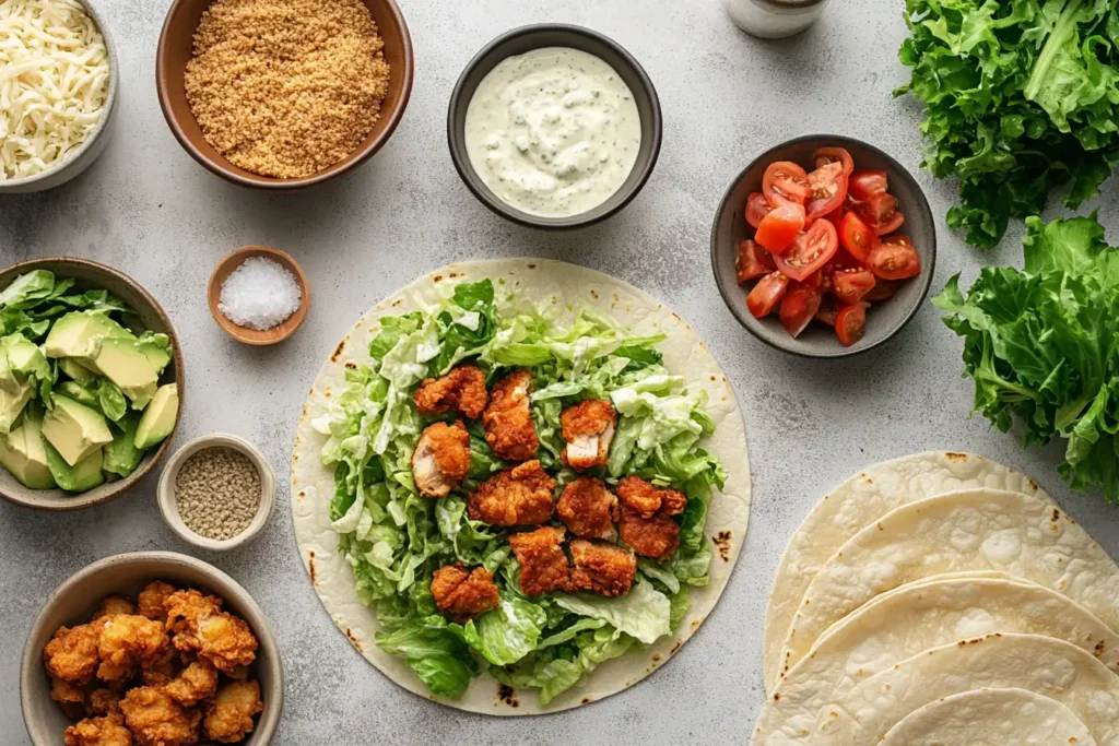 Ingredients for Fried Chicken Caesar Salad Tacos on a table