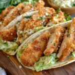 Fried Chicken Caesar Salad Tacos plated on a rustic board