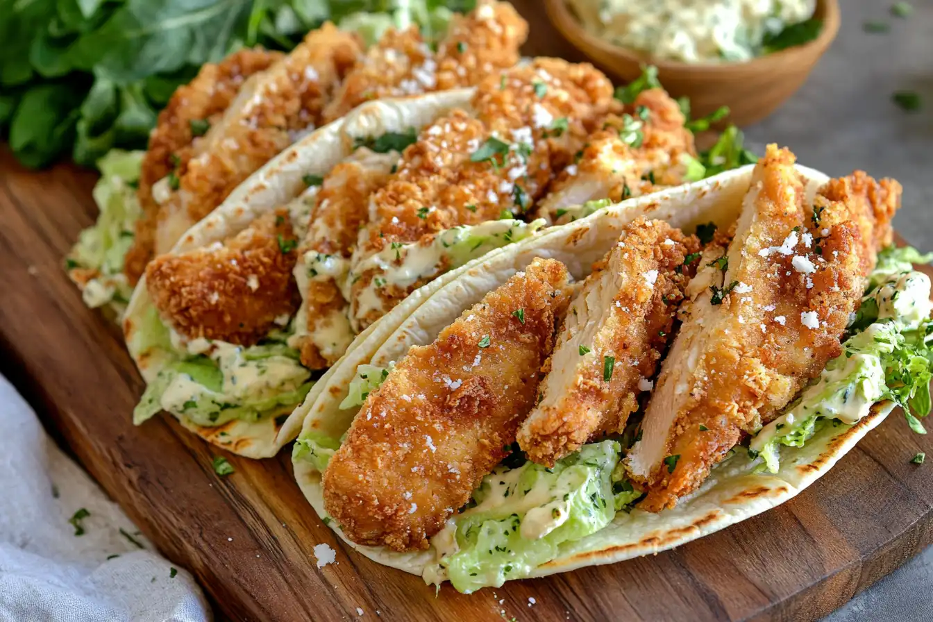 Fried Chicken Caesar Salad Tacos plated on a rustic board