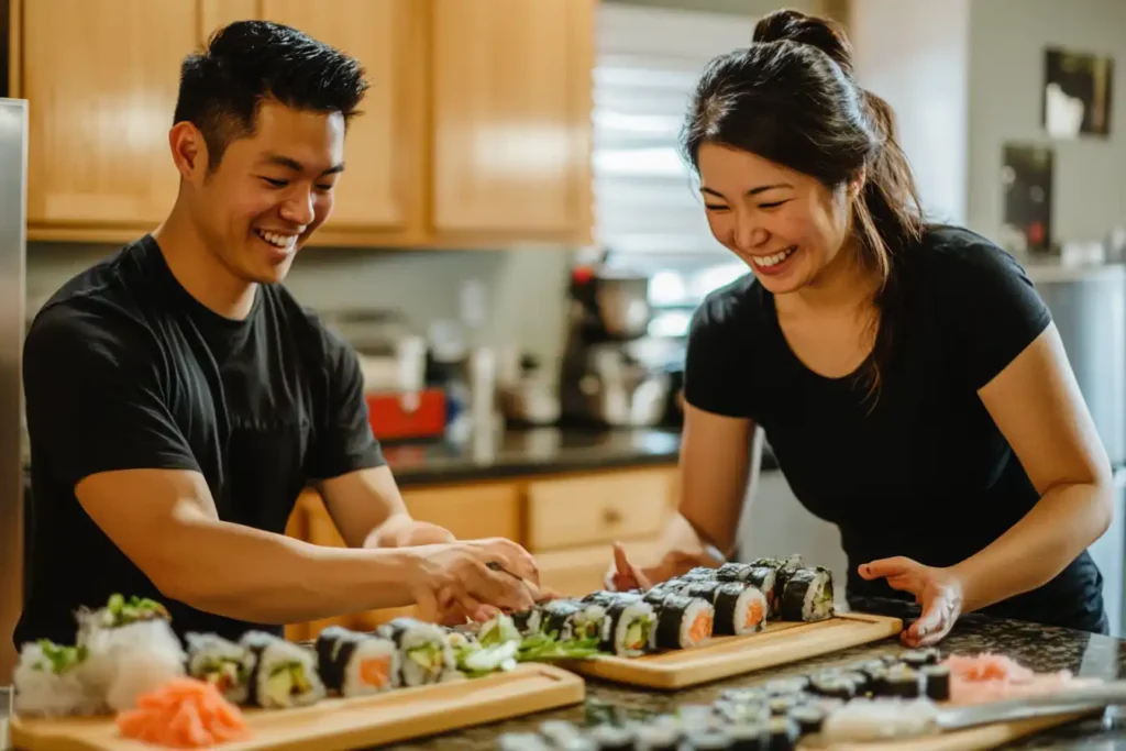 Home cooks making spicy California rolls together