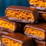 A slice of Vegan Honeycomb Bake with golden, airy honeycomb toffee chunks layered into a rich chocolate base, served on a rustic ceramic plate with a drizzle of vegan caramel.