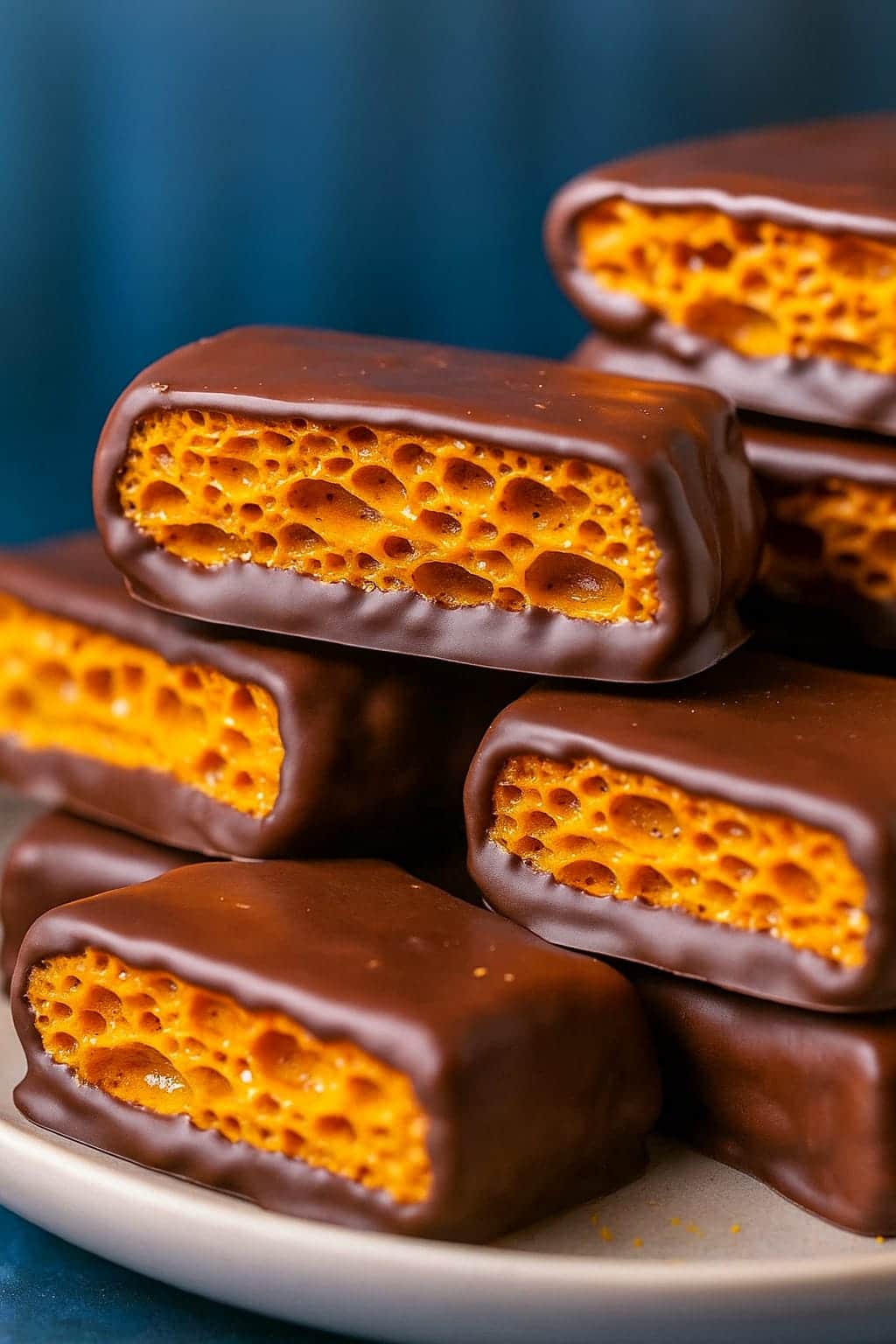 A slice of Vegan Honeycomb Bake with golden, airy honeycomb toffee chunks layered into a rich chocolate base, served on a rustic ceramic plate with a drizzle of vegan caramel.