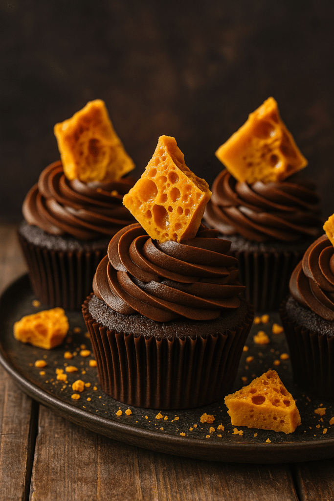 honeycomb cupcakes with honeycomb pieces