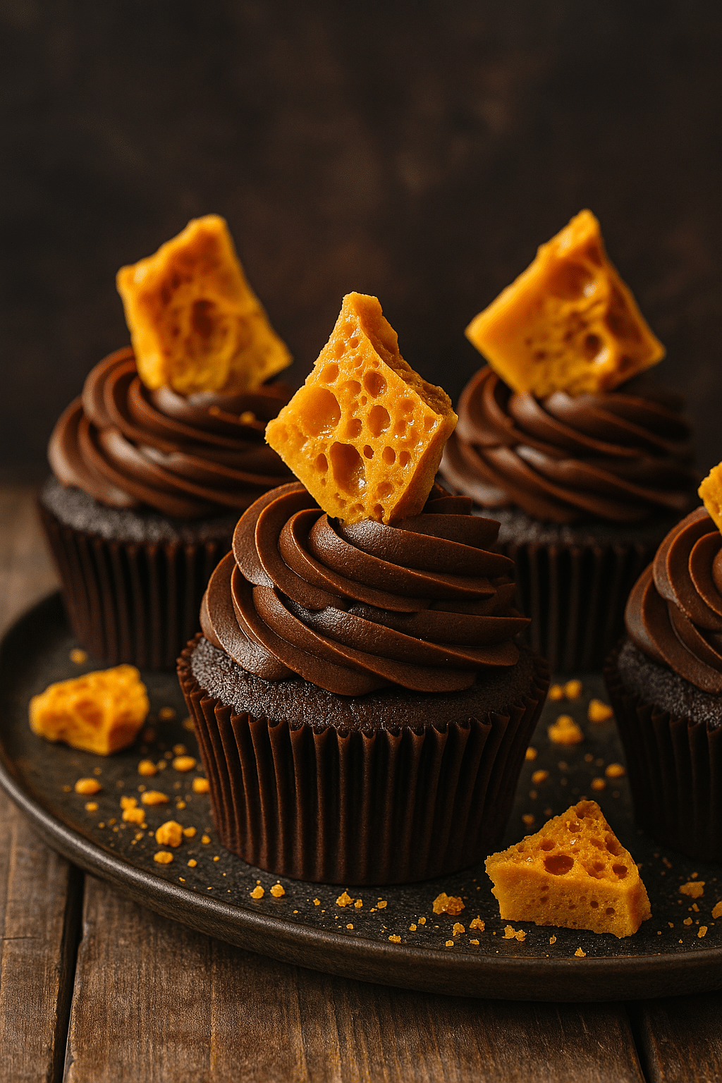 honeycomb cupcakes with honeycomb pieces