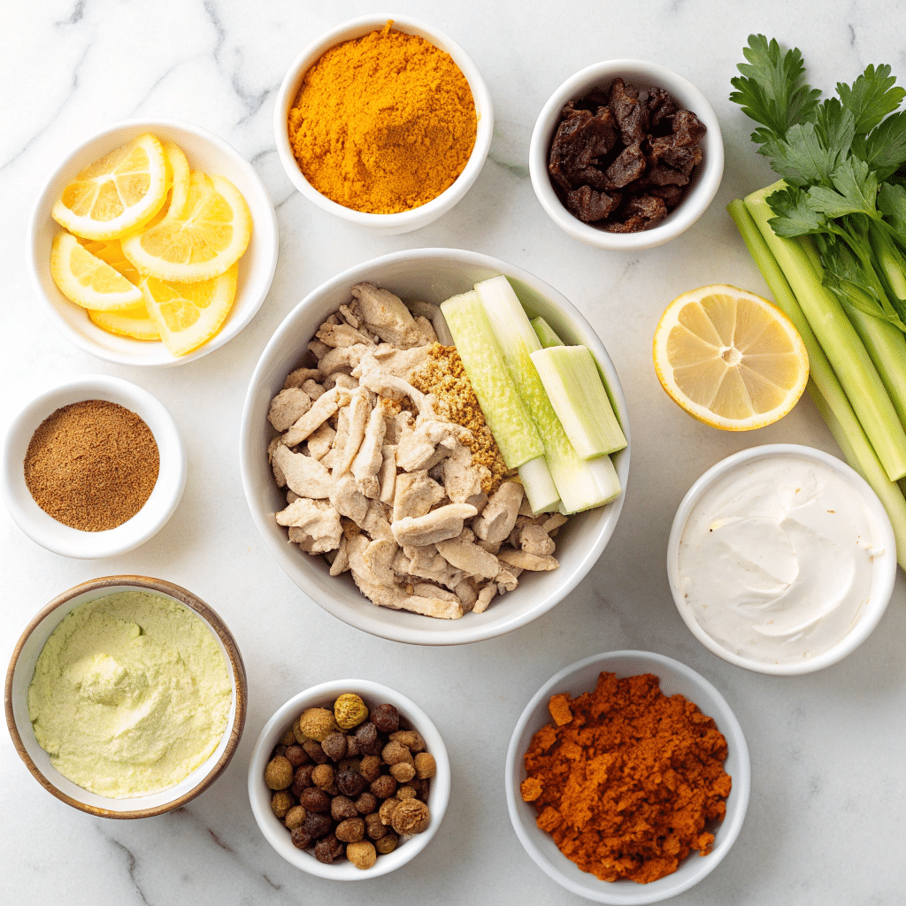Ingredients for turmeric chicken salad flat lay