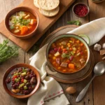 “Assorted soups and stews in rustic bowls”