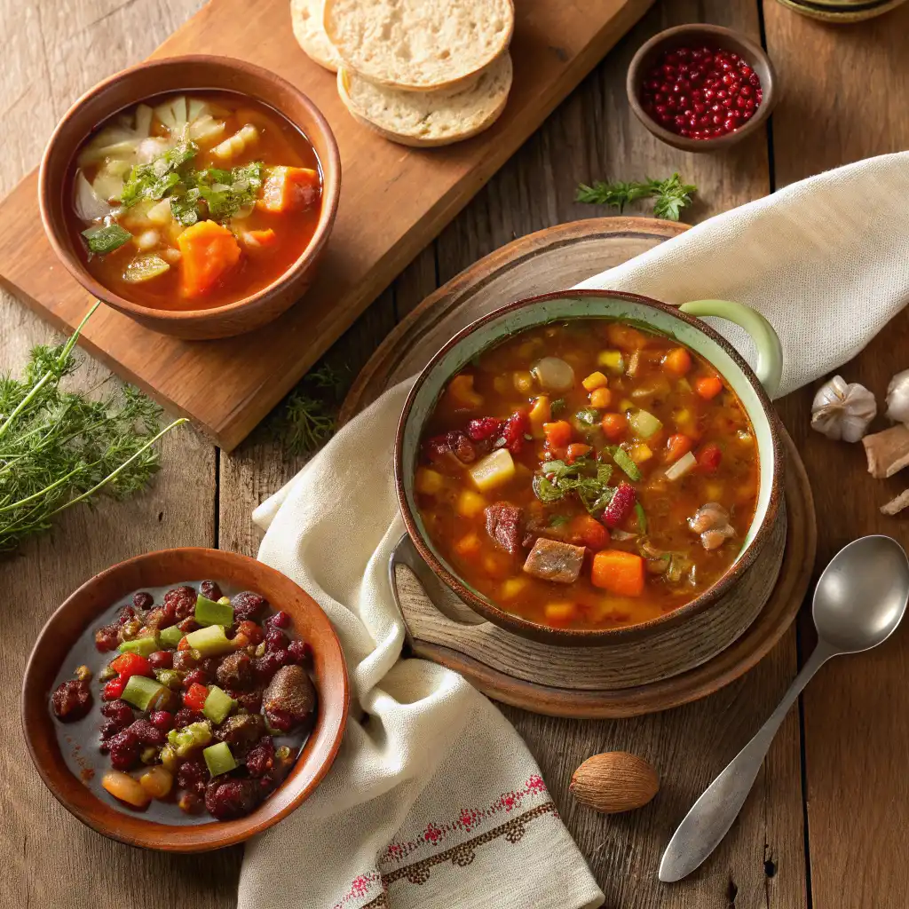 “Assorted soups and stews in rustic bowls”