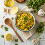 Chicken salad with turmeric in rustic bowl