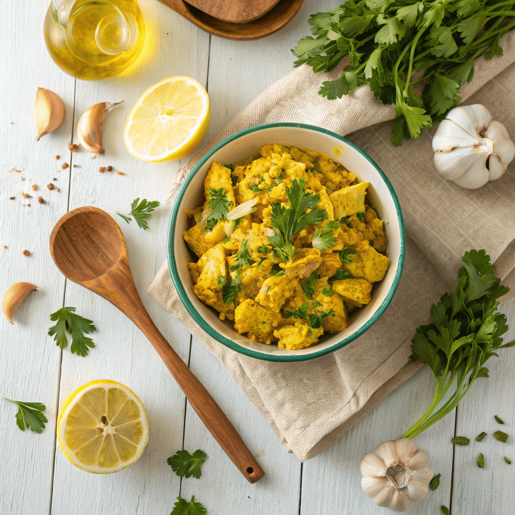 Chicken salad with turmeric in rustic bowl