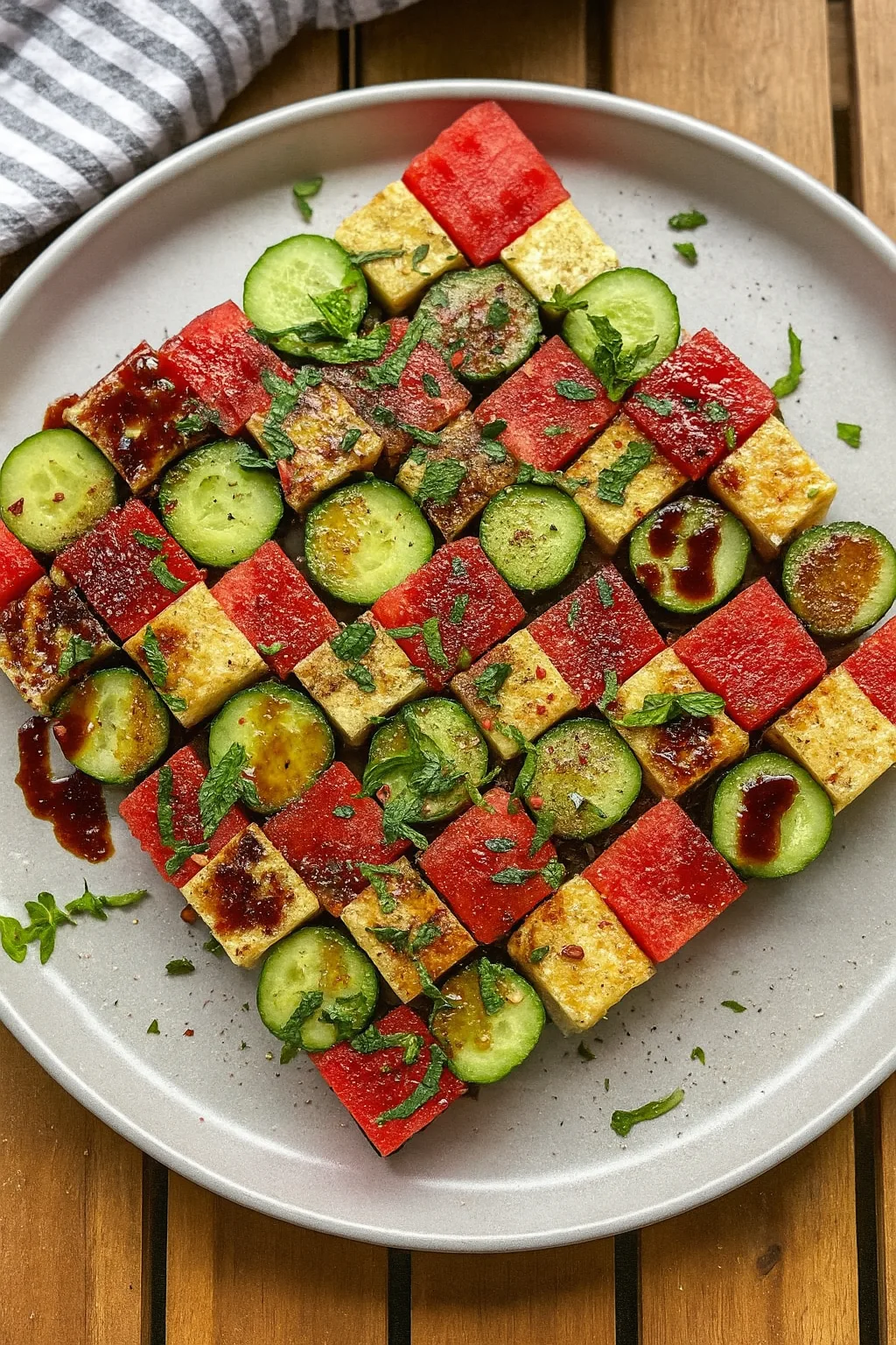 Checkerboard Salad with watermelon, cucumber, and feta on a summer platter