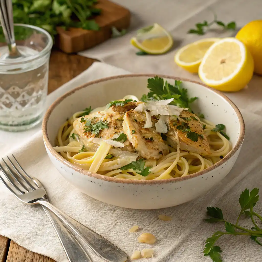 Plated Lemon Garlic Butter Chicken Pasta