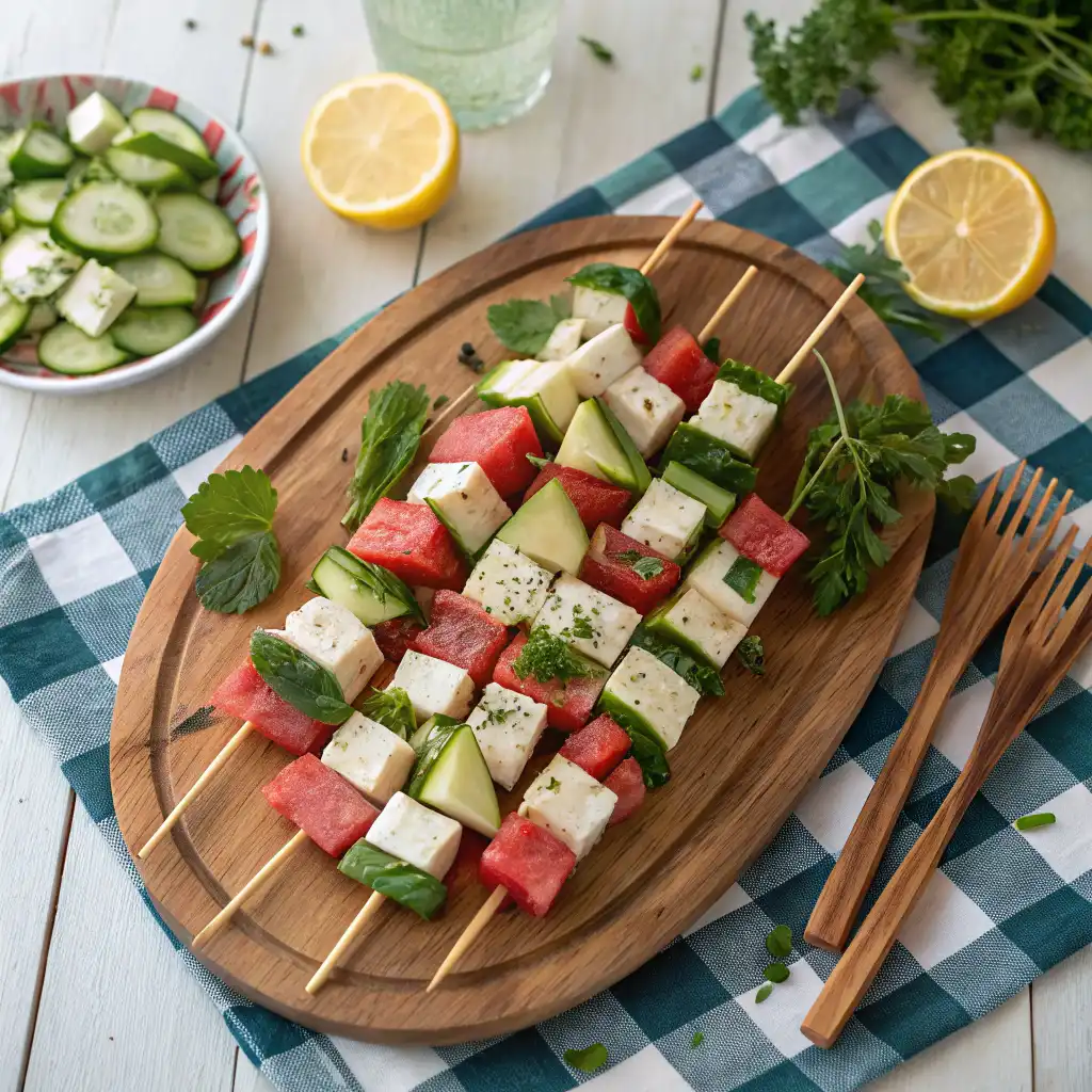 Checkerboard Salad on skewers with herbs and lemon