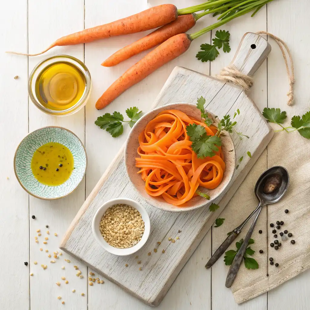 Ingredients for carrot ribbon salad laid out flat