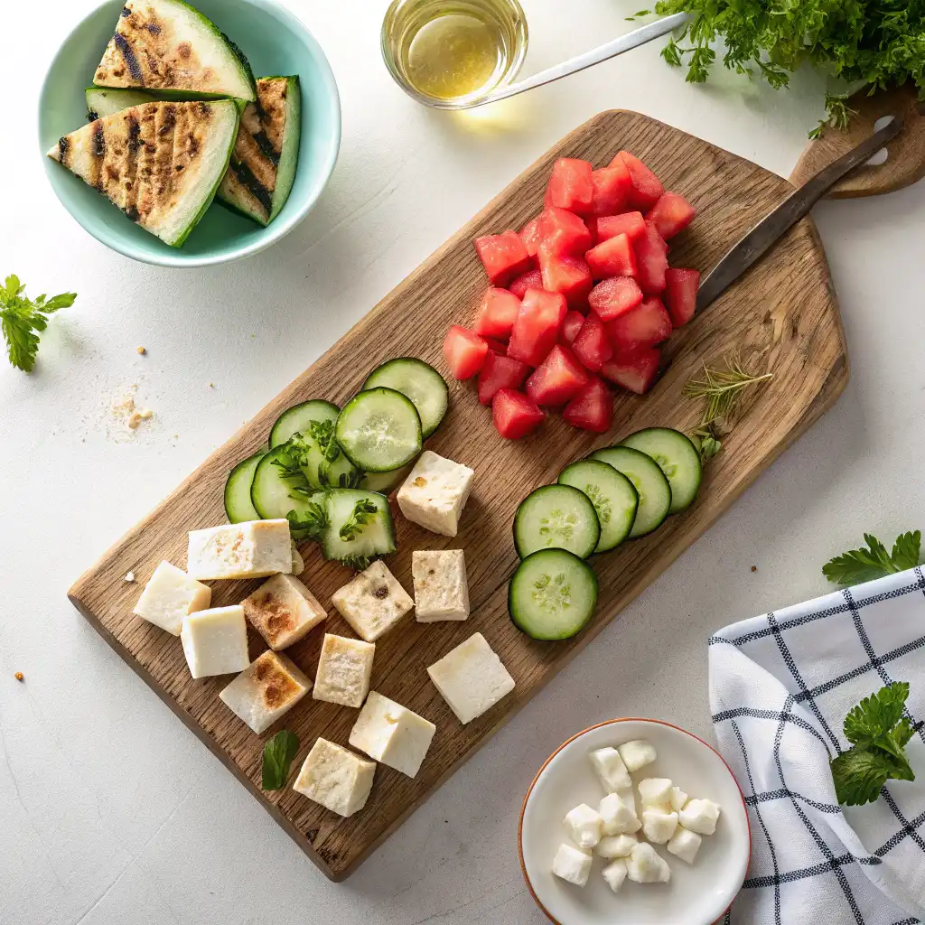 Cubed watermelon, cucumber, feta, and tofu on a wooden board
