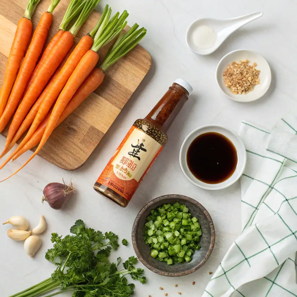Ingredients for chili crisp carrot ribbon salad
