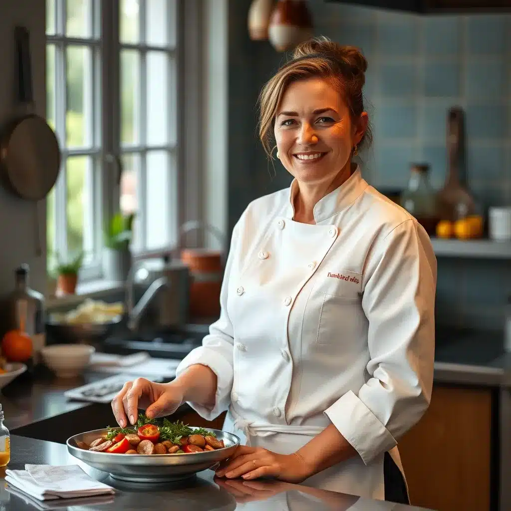 Professional chef Julia smiling in her cozy home kitchen, surrounded by fresh ingredients and family-friendly dishes.