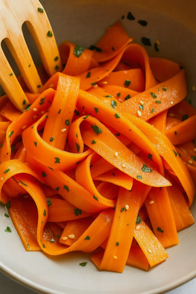 Carrot Ribbon Salad in a ceramic bowl with herbs and seeds